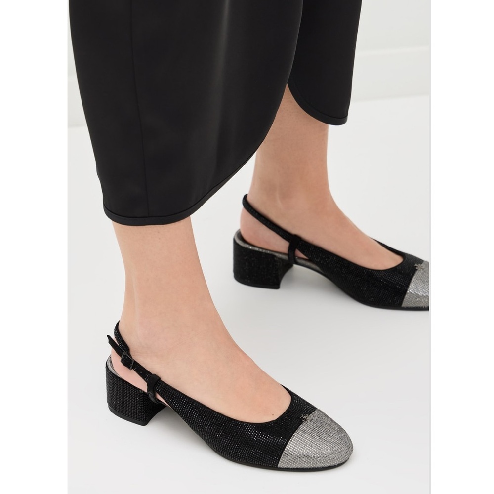 Tory Burch Cap Toe‎ Pave Slingback Heels in Black Silver Size 7